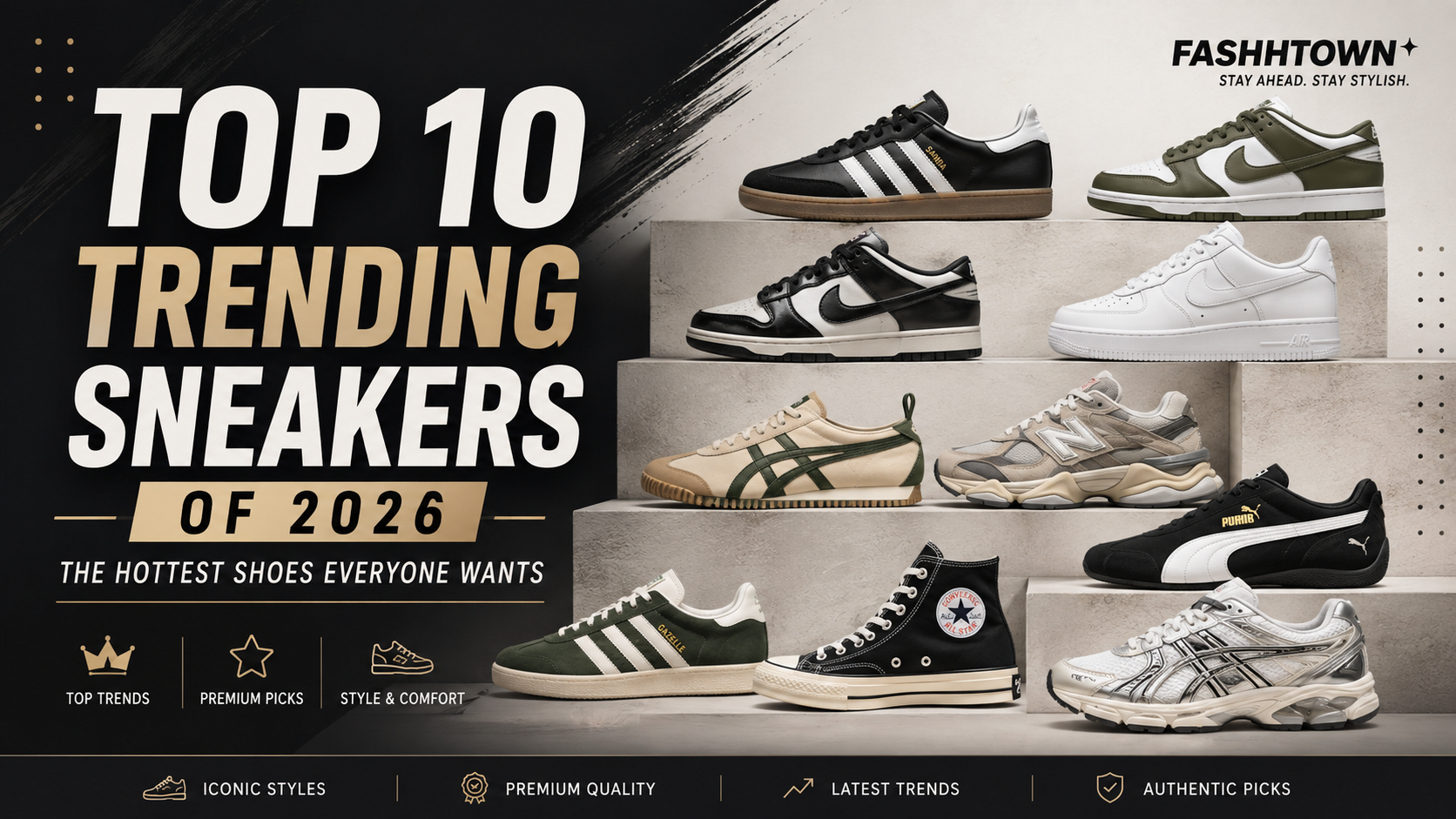 Top 10 trending sneakers of 2026 featuring Adidas Samba, Nike SB Dunk, Air Force 1, Puma Speedcat and Onitsuka Tiger