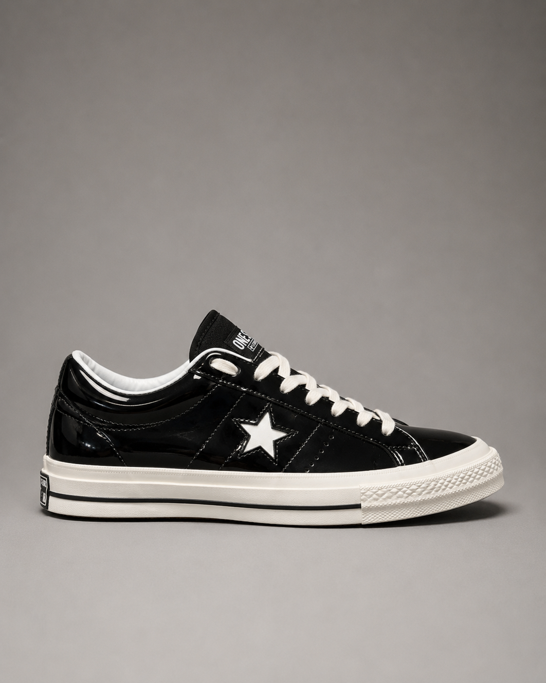 Converse One Star Patent Leather Black White side profile with glossy black leather upper and white One Star logo