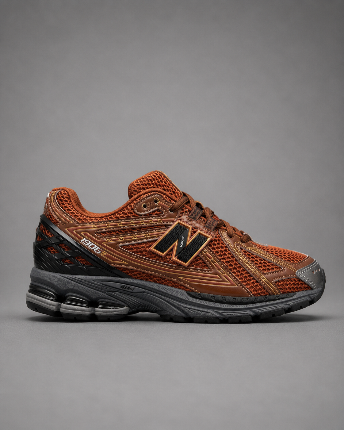 New Balance 1906R Rich Oak side profile with brown mesh upper and N-ERGY cushioned sole